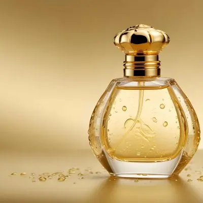 A Perfume Bottle With A Golden Cap Water Drops On The Surface The Liquid Inside Is A Light Yellow Color Plain Background 25 Faa5