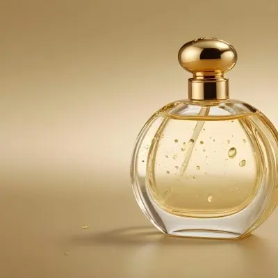 A Perfume Bottle With A Golden Cap Water Drops On The Surface The Liquid Inside Is A Light Yellow Color Plain Background 28 905a