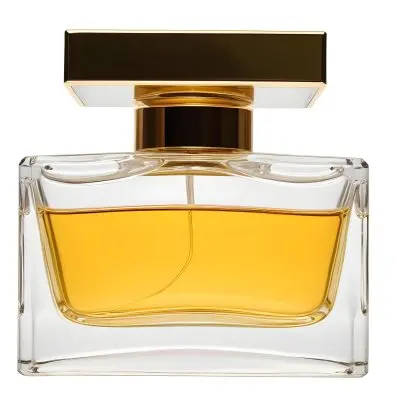 A Perfume Bottle With A Golden Liquid Inside The Bottle Is Clear And Square Shaped With A White Cap Isolated On A White Background 21 03ad