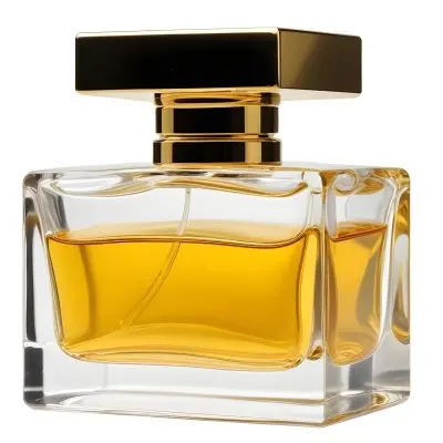 A Perfume Bottle With A Golden Liquid Inside The Bottle Is Clear And Square Shaped With A White Cap Isolated On A White Background 3 99a6