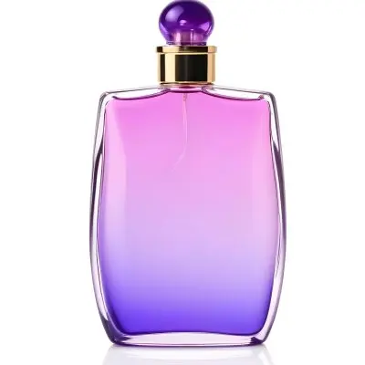 A Perfume Bottle With A Gradient Of Pink And Purple Liquid Inside Purple Cap Isolated On A White Background 34 7a43
