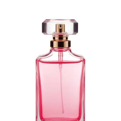 A Perfume Bottle With A Pink Cap And A Pink Liquid Inside On A White Background 14 90b8