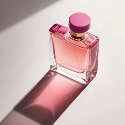 A Perfume Bottle With A Pink Cap Filled With Pink Liquid Casting A Shadow On A White Surface 5 B270