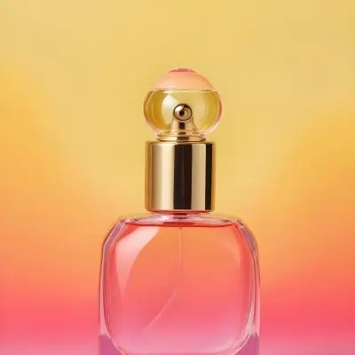 A Perfume Bottle With A Pink Cap The Liquid Inside Is Yellow Gradient Yellow And Pink Background 29 9adb