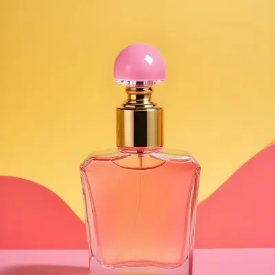 A Perfume Bottle With A Pink Cap The Liquid Inside Is Yellow Gradient Yellow And Pink Background 3 1c3a