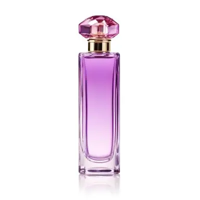 A Perfume Bottle With A Pink Crystal Cap Filled With A Purple Liquid On A White Background 11 6374