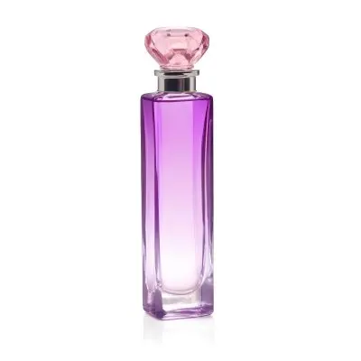 A Perfume Bottle With A Pink Crystal Cap Filled With A Purple Liquid On A White Background 14 Deec
