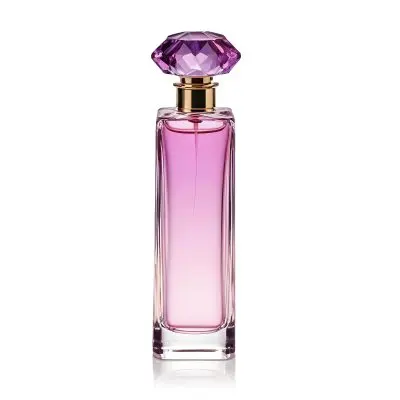 A Perfume Bottle With A Pink Crystal Cap Filled With A Purple Liquid On A White Background 2 3a9d