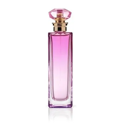 A Perfume Bottle With A Pink Crystal Cap Filled With A Purple Liquid On A White Background 20 0d04