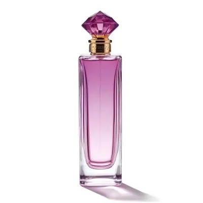 A Perfume Bottle With A Pink Crystal Cap Filled With A Purple Liquid On A White Background 38 6dc7