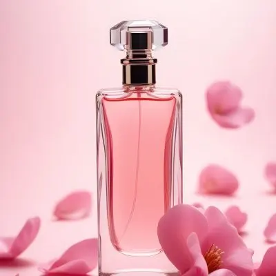A Perfume Bottle With A Pink Liquid Inside Surrounded By Pink Petals On A Pink Background Product Photography Studio Shot Commercial High Resolution 1 3833