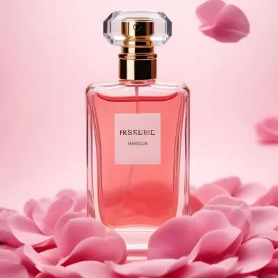 A Perfume Bottle With A Pink Liquid Inside Surrounded By Pink Petals On A Pink Background Product Photography Studio Shot Commercial High Resolution 10 8dd2