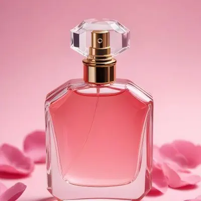 A Perfume Bottle With A Pink Liquid Inside Surrounded By Pink Petals On A Pink Background Product Photography Studio Shot Commercial High Resolution 11 9c7b