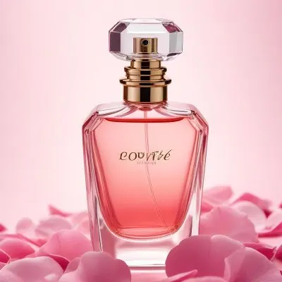 A Perfume Bottle With A Pink Liquid Inside Surrounded By Pink Petals On A Pink Background Product Photography Studio Shot Commercial High Resolution 16 7e22