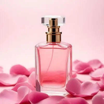 A Perfume Bottle With A Pink Liquid Inside Surrounded By Pink Petals On A Pink Background Product Photography Studio Shot Commercial High Resolution 17 8bf3