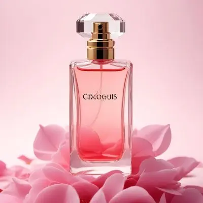 A Perfume Bottle With A Pink Liquid Inside Surrounded By Pink Petals On A Pink Background Product Photography Studio Shot Commercial High Resolution 2 A4da