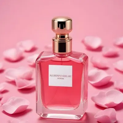 A Perfume Bottle With A Pink Liquid Inside Surrounded By Pink Petals On A Pink Background Product Photography Studio Shot Commercial High Resolution 20 0510