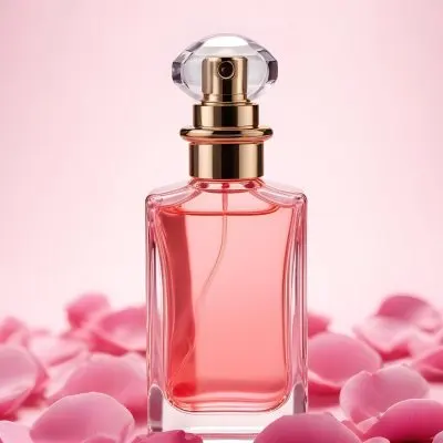 A Perfume Bottle With A Pink Liquid Inside Surrounded By Pink Petals On A Pink Background Product Photography Studio Shot Commercial High Resolution 24 Ccac