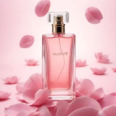 A Perfume Bottle With A Pink Liquid Inside Surrounded By Pink Petals On A Pink Background Product Photography Studio Shot Commercial High Resolution 26 7d15