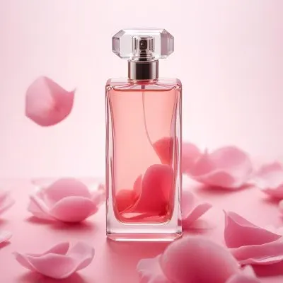 A Perfume Bottle With A Pink Liquid Inside Surrounded By Pink Petals On A Pink Background Product Photography Studio Shot Commercial High Resolution 28 72a8