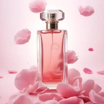 A Perfume Bottle With A Pink Liquid Inside Surrounded By Pink Petals On A Pink Background Product Photography Studio Shot Commercial High Resolution 30 2afd