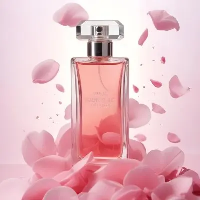 A Perfume Bottle With A Pink Liquid Inside Surrounded By Pink Petals On A Pink Background Product Photography Studio Shot Commercial High Resolution 31 7440