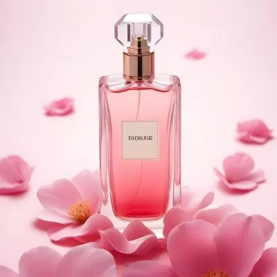 A Perfume Bottle With A Pink Liquid Inside Surrounded By Pink Petals On A Pink Background Product Photography Studio Shot Commercial High Resolution 34 0668