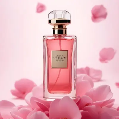 A Perfume Bottle With A Pink Liquid Inside Surrounded By Pink Petals On A Pink Background Product Photography Studio Shot Commercial High Resolution 9 2426