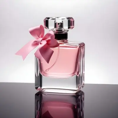 A Perfume Bottle With A Pink Liquid Inside With A Bow On The Neck On A White Surface And A Black Background 27 5d17