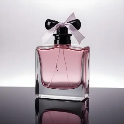 A Perfume Bottle With A Pink Liquid Inside With A Bow On The Neck On A White Surface And A Black Background 28 E84f