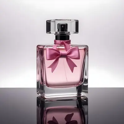 A Perfume Bottle With A Pink Liquid Inside With A Bow On The Neck On A White Surface And A Black Background 35 B316