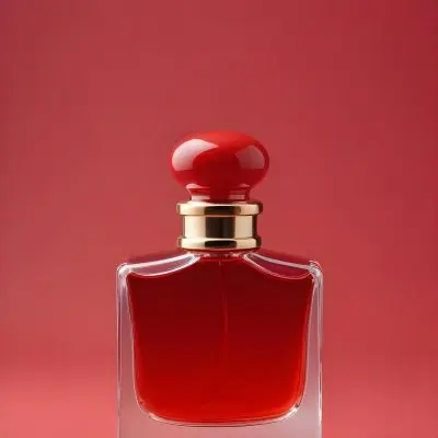 A Perfume Bottle With A Red Cap The Bottle Is Full Of Red Liquid Plain Red Background 26 24d7