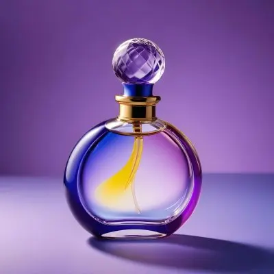 A Perfume Bottle With A Round Body And A Clear Glass Stopper The Bottle Has A Gradient Of Purple Blue And Yellow Colors Blurred Purple Background 1 548b