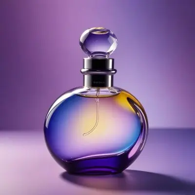 A Perfume Bottle With A Round Body And A Clear Glass Stopper The Bottle Has A Gradient Of Purple Blue And Yellow Colors Blurred Purple Background 15 884b