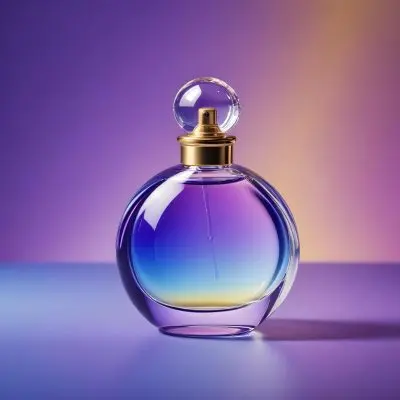 A Perfume Bottle With A Round Body And A Clear Glass Stopper The Bottle Has A Gradient Of Purple Blue And Yellow Colors Blurred Purple Background 19 C877