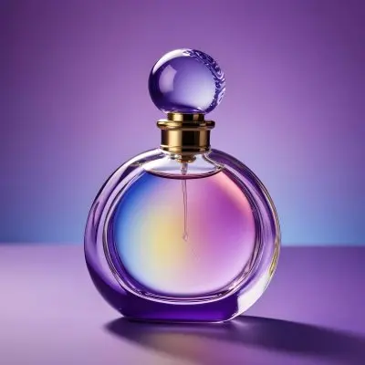 A Perfume Bottle With A Round Body And A Clear Glass Stopper The Bottle Has A Gradient Of Purple Blue And Yellow Colors Blurred Purple Background 20 082b