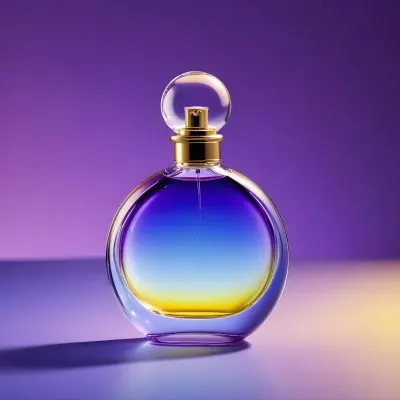 A Perfume Bottle With A Round Body And A Clear Glass Stopper The Bottle Has A Gradient Of Purple Blue And Yellow Colors Blurred Purple Background 21 Ba5d