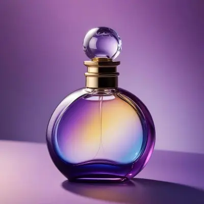 A Perfume Bottle With A Round Body And A Clear Glass Stopper The Bottle Has A Gradient Of Purple Blue And Yellow Colors Blurred Purple Background 24 6a51