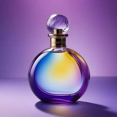 A Perfume Bottle With A Round Body And A Clear Glass Stopper The Bottle Has A Gradient Of Purple Blue And Yellow Colors Blurred Purple Background 3 9504