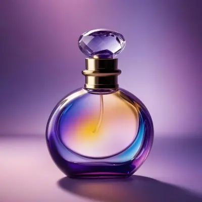 A Perfume Bottle With A Round Body And A Clear Glass Stopper The Bottle Has A Gradient Of Purple Blue And Yellow Colors Blurred Purple Background 6 95ed