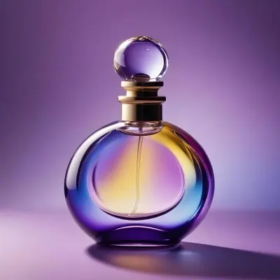 A Perfume Bottle With A Round Body And A Clear Glass Stopper The Bottle Has A Gradient Of Purple Blue And Yellow Colors Blurred Purple Background 8 245d