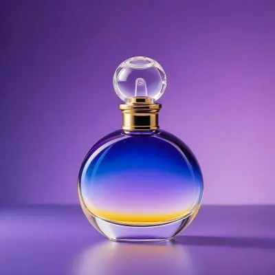 A Perfume Bottle With A Round Body And A Clear Glass Stopper The Bottle Has A Gradient Of Purple Blue And Yellow Colors Blurred Purple Background 9 4a11