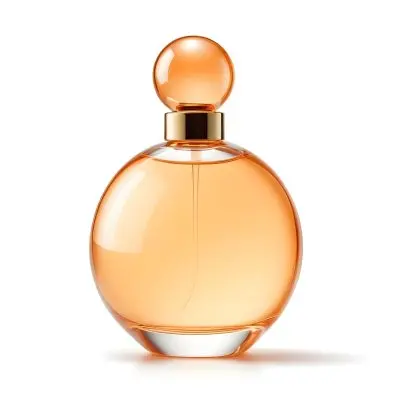 A Perfume Bottle With A Round Body And A Spherical Cap Filled With A Light Orange Liquid On A White Background 7 Bd79