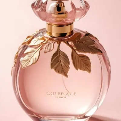 A Perfume Bottle With A Round Cap And Gold Leaves The Bottle Is Round And Made Of Glass Light Pink Background 43 F690