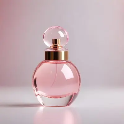 A Perfume Bottle With A Round Shape And A Pink Cap Soft Pink Liquid Inside On A White Surface With Bokeh Lights 11 Fef7