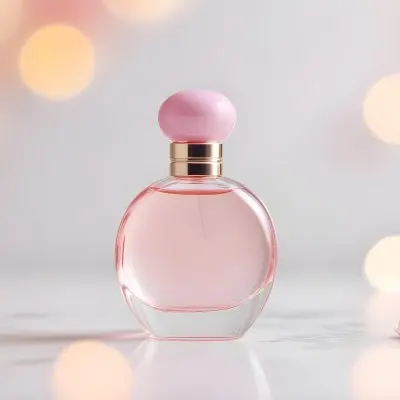 A Perfume Bottle With A Round Shape And A Pink Cap Soft Pink Liquid Inside On A White Surface With Bokeh Lights 23 6b72