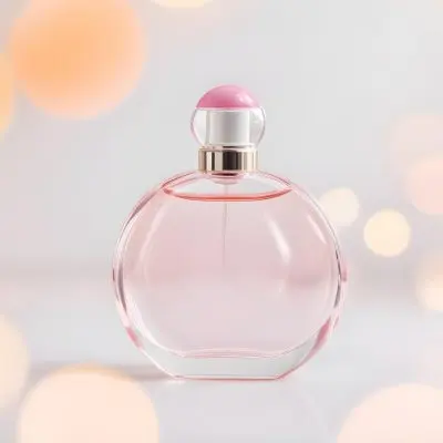 A Perfume Bottle With A Round Shape And A Pink Cap Soft Pink Liquid Inside On A White Surface With Bokeh Lights 41 2fa4