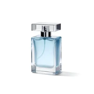 A Perfume Bottle With A Silver Cap And A Transparent Nozzle The Bottle Is Filled With A Light Blue Liquid White Background 15 7747