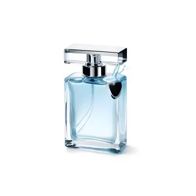 A Perfume Bottle With A Silver Cap And A Transparent Nozzle The Bottle Is Filled With A Light Blue Liquid White Background 16 C799