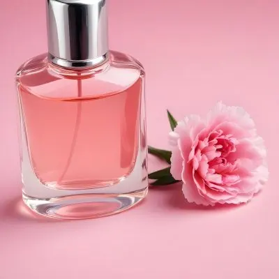 A Perfume Bottle With A Silver Cap And Pink Liquid Next To A Pink Carnation Flower On A Pink Background 14 6d84